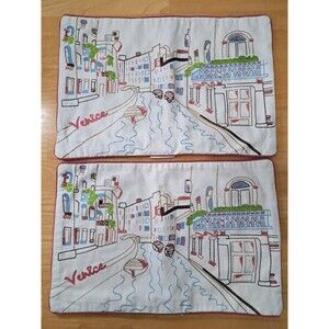 2 Embroidered Throw Pillow Covers Venice Canal Scene Cotton 18” x 12” NWT